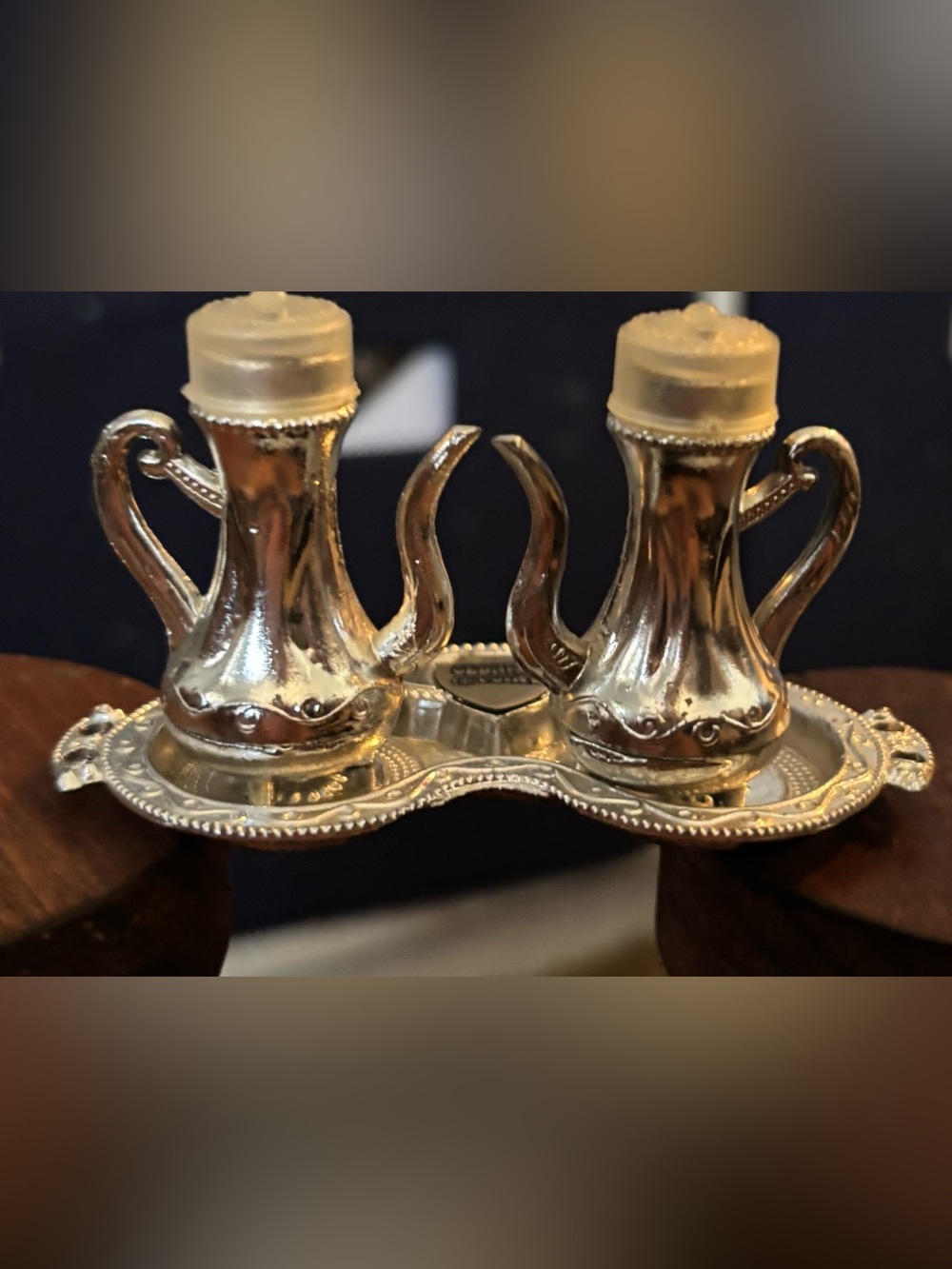 Mini silver color Salt and pepper shakers with tray